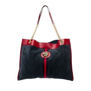 GUCCI Navy Blue Suede & Red Leather Trim Large Sylvie Web Rajah Tote Bag